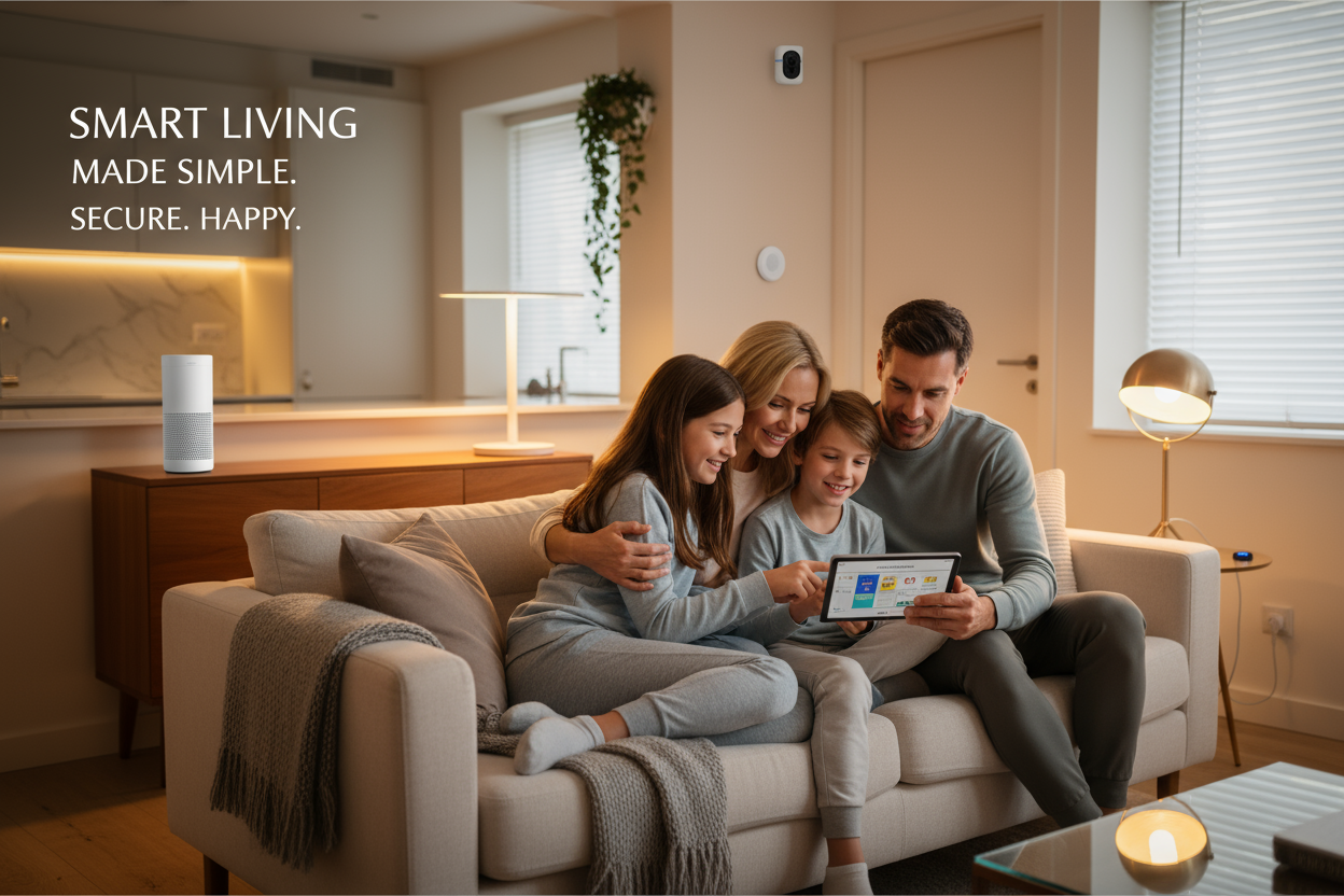 Happy family in a smart home using phone to control home gadgets — plugs, cameras, sensors visible subtly in background. Warm, inviting, trust-building banner look.